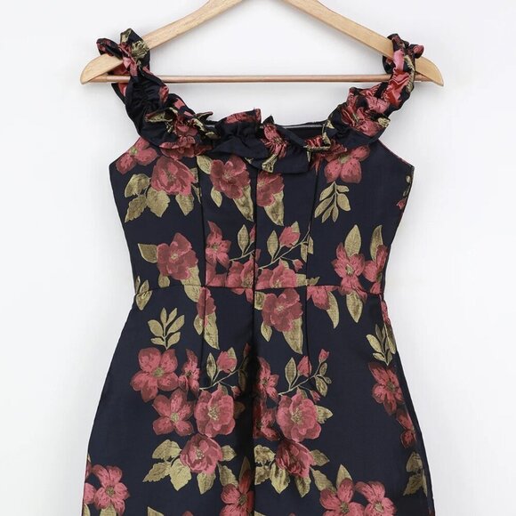 NWT Lulus Pop the Bottle Navy Blue Floral Jacquard Ruffled Mini Dress​ - Picture 5 of 9